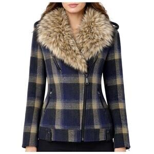 Ralph Lauren Denim & Supply Wool Plaid Jacket Faux Fur Hood Women XS